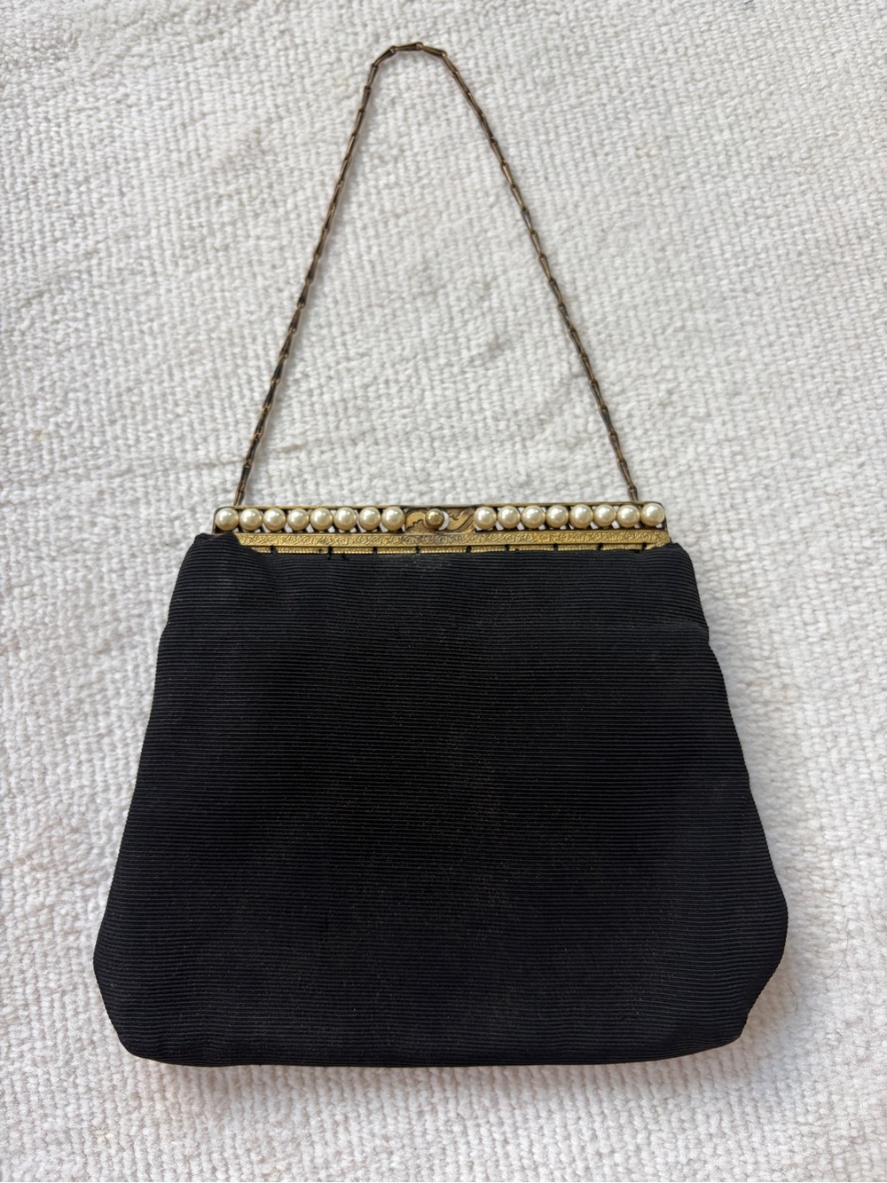 Vintage Black Evening Bag Pearl Frame Gold Chain Handle 1950s 1960s Clutch